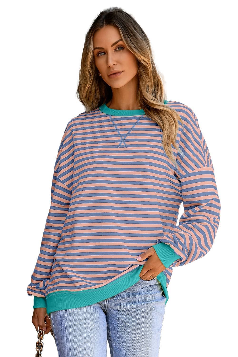 Racing Red Striped Contrast Ribbed Trim Crossed Stitch Drop Shoulder Sweatshirt