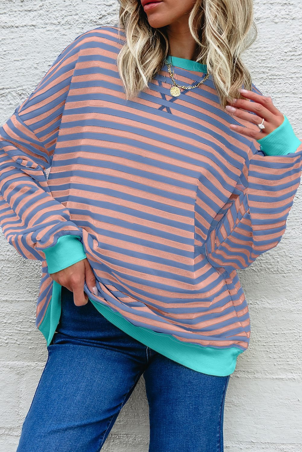 Racing Red Striped Contrast Ribbed Trim Crossed Stitch Drop Shoulder Sweatshirt