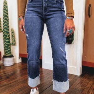 Real Teal Folded Cuffs Distressed Straight High Waist Jeans