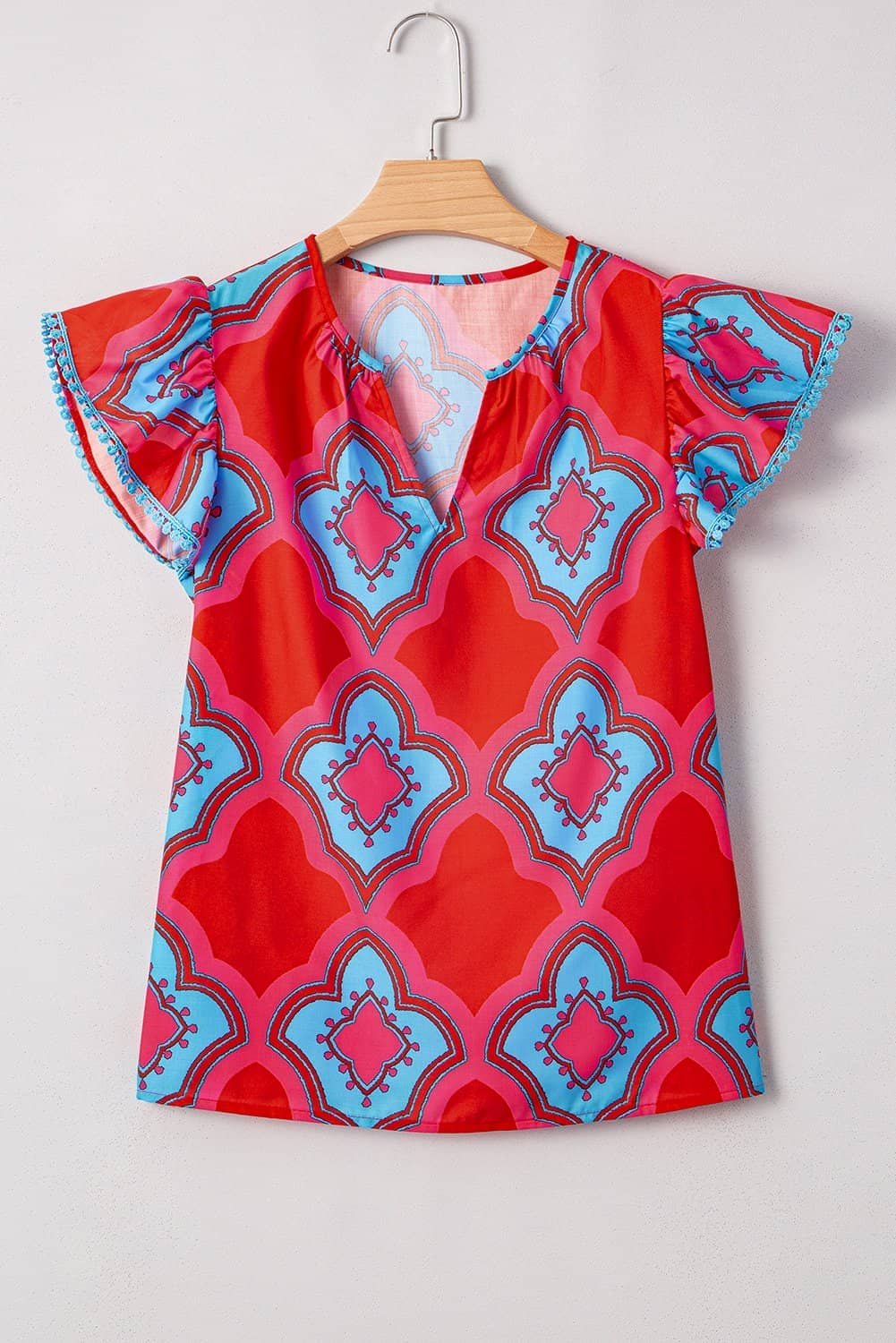 Red Abstract Floral Print Trimmed Flutter Sleeve Blouse
