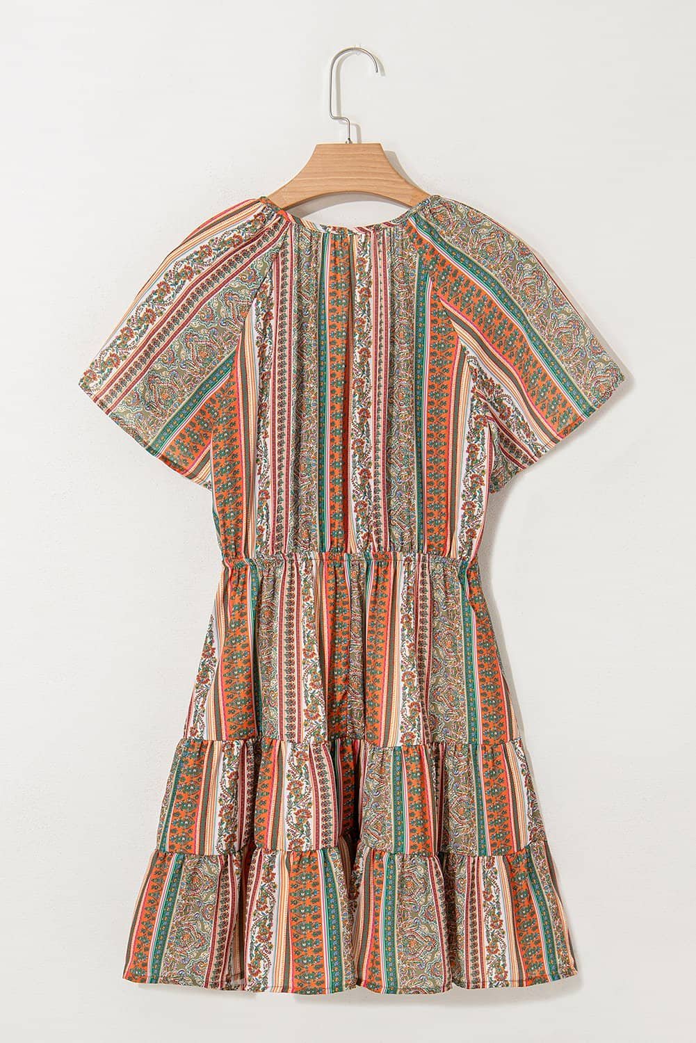 Red Bohemian Floral Print Buttoned V Neck Ruffle Tiered Dress