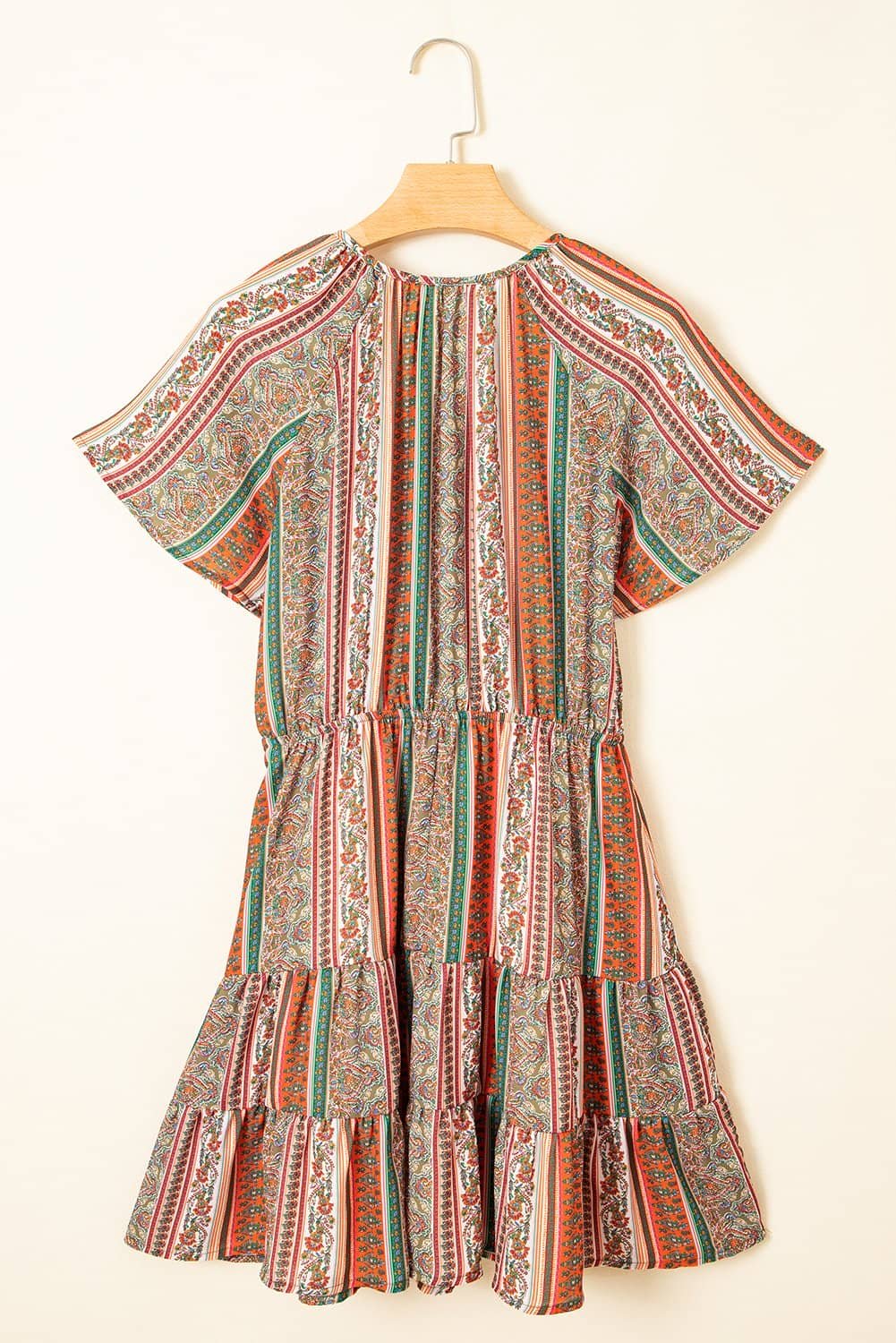 Red Bohemian Floral Print Buttoned V Neck Ruffle Tiered Dress