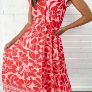 Red Boho Floral Short Sleeve V Neck Buttoned Shirred Waist Long Dress