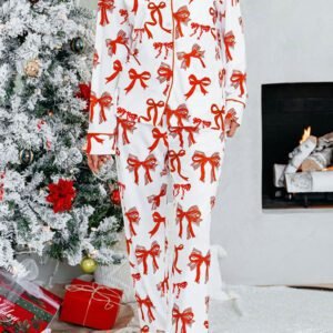 Red Christmas Bow Print Long 2Pcs Pajama Set