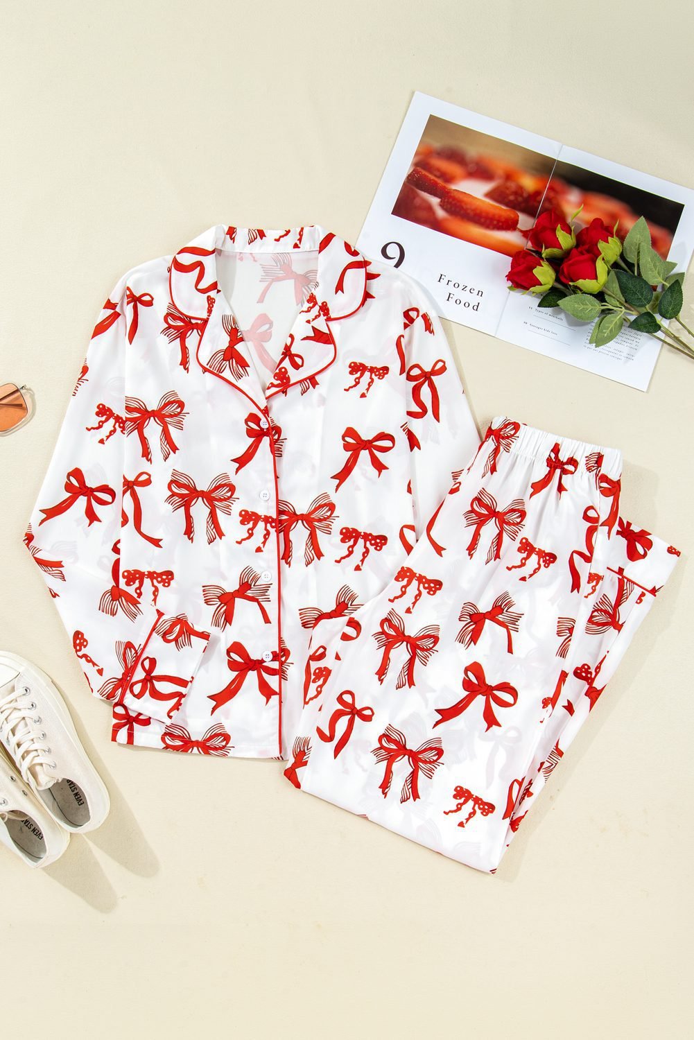 Red Christmas Bow Print Long 2Pcs Pajama Set