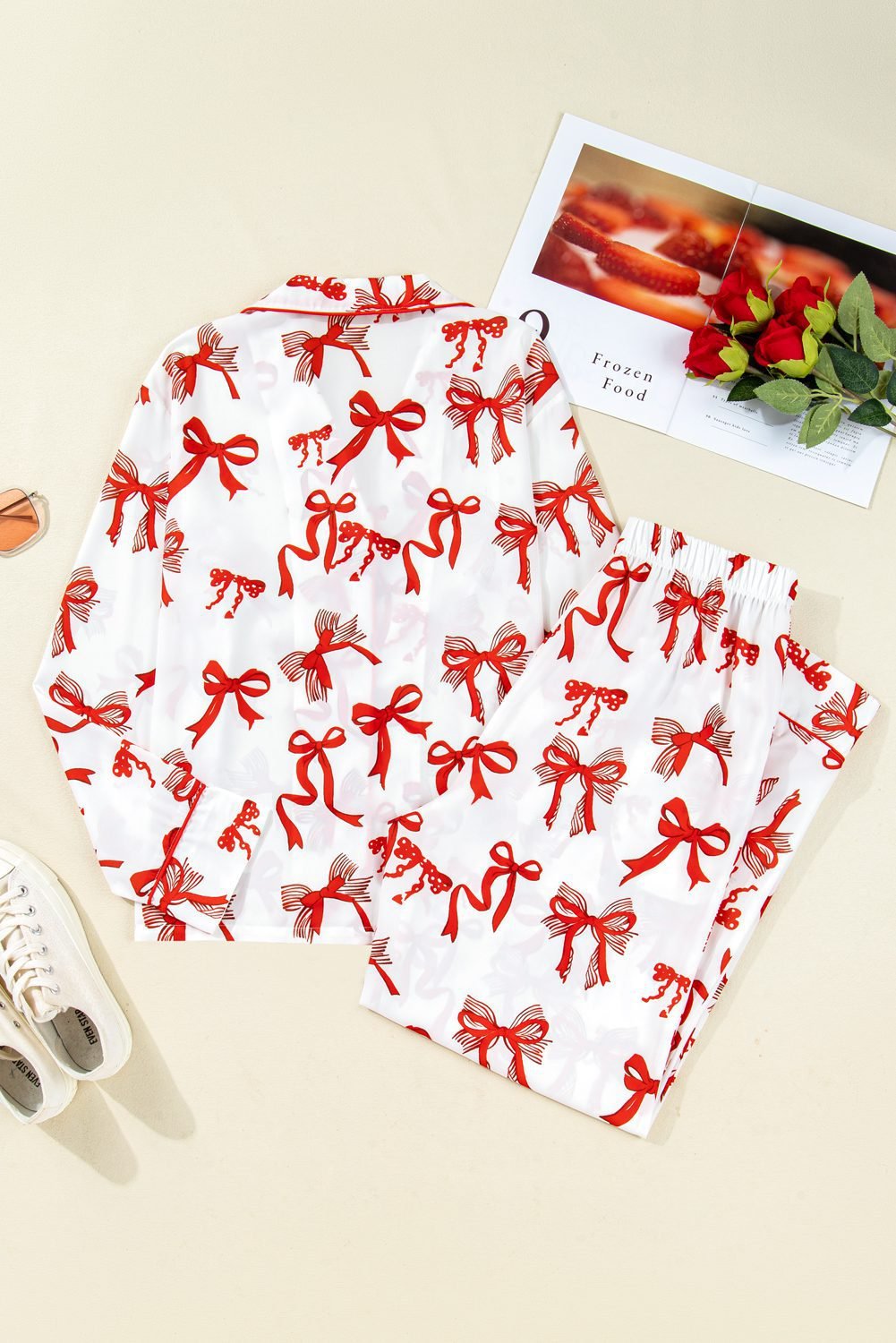 Red Christmas Bow Print Long 2Pcs Pajama Set