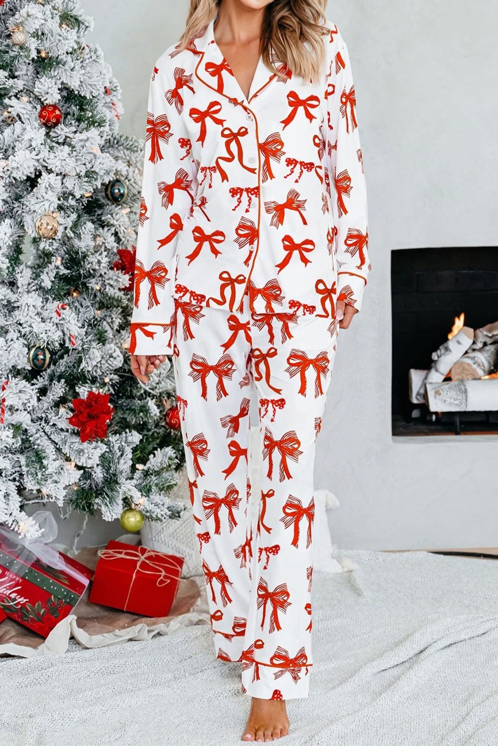 Red Christmas Bow Print Long 2Pcs Pajama Set