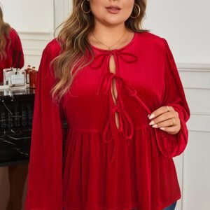 Red Clay Plus Size Tie Front Velvet Peplum Blouse