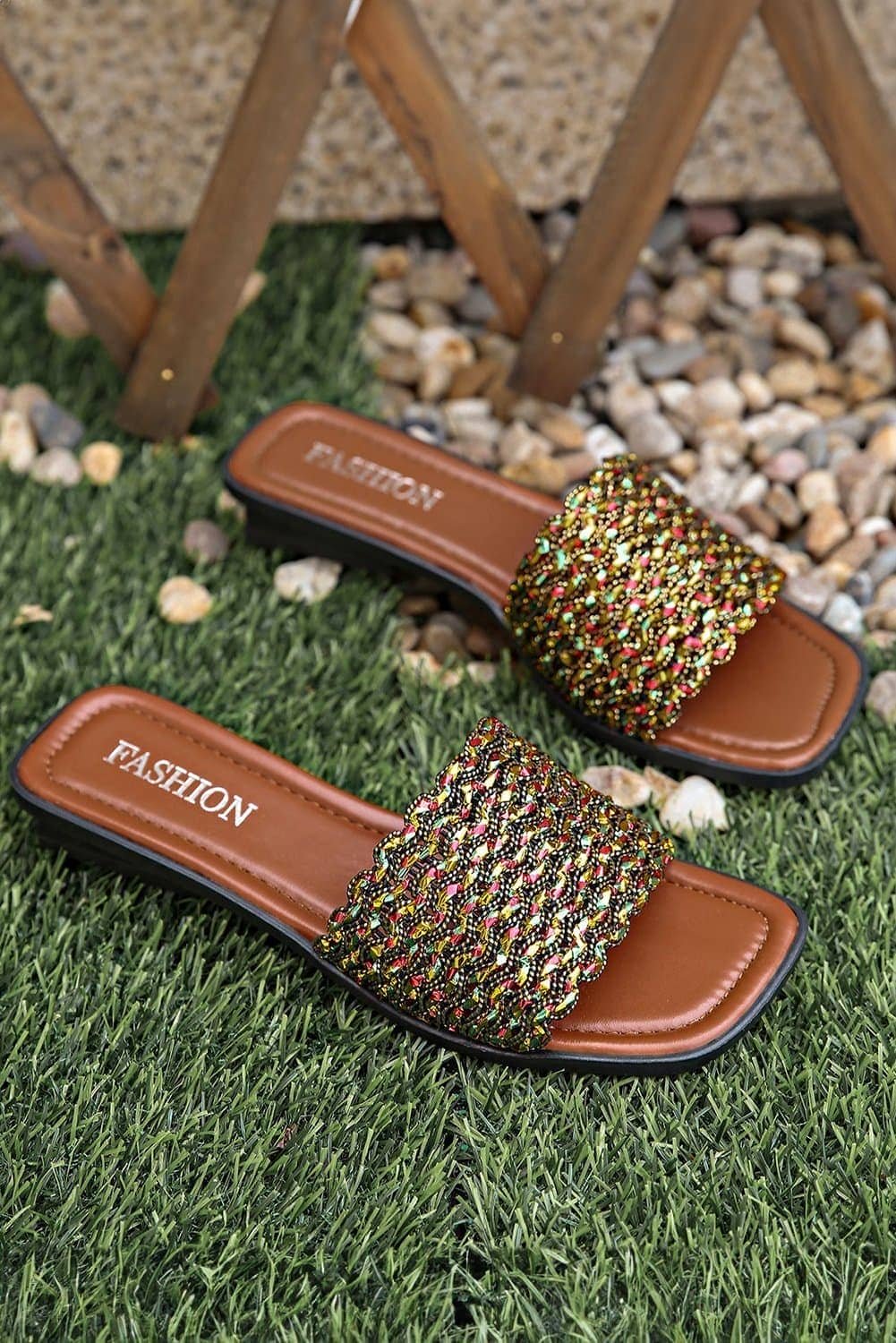 Red Dahlia Glitter Braided Square Toe Pu Leather Slippers