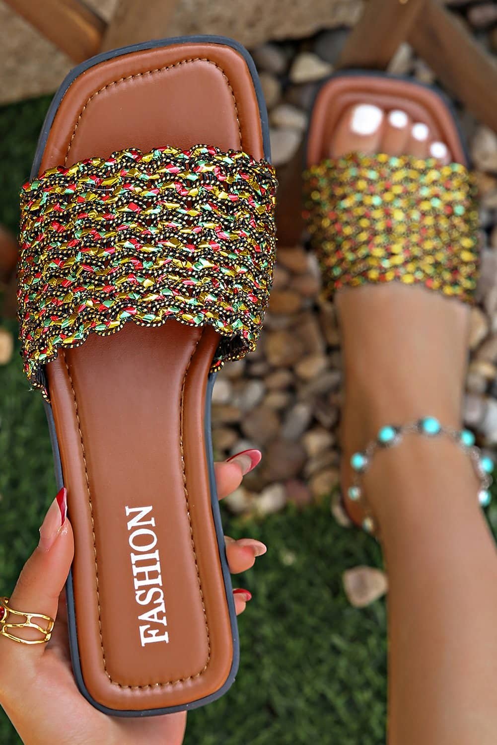 Red Dahlia Glitter Braided Square Toe Pu Leather Slippers