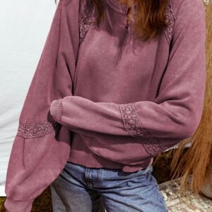 Red Dahlia Lace Patchwork Detail Notched Neck Mineral Wash Baggy Sweatshirt