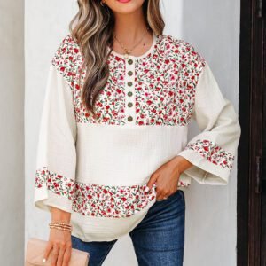 Red Floral Print Gauze Patchwork Henley Button 3/4 Sleeve Blouse