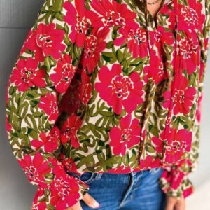 Red Floral Print Lace Up V Neck Flounce Sleeve Blouse