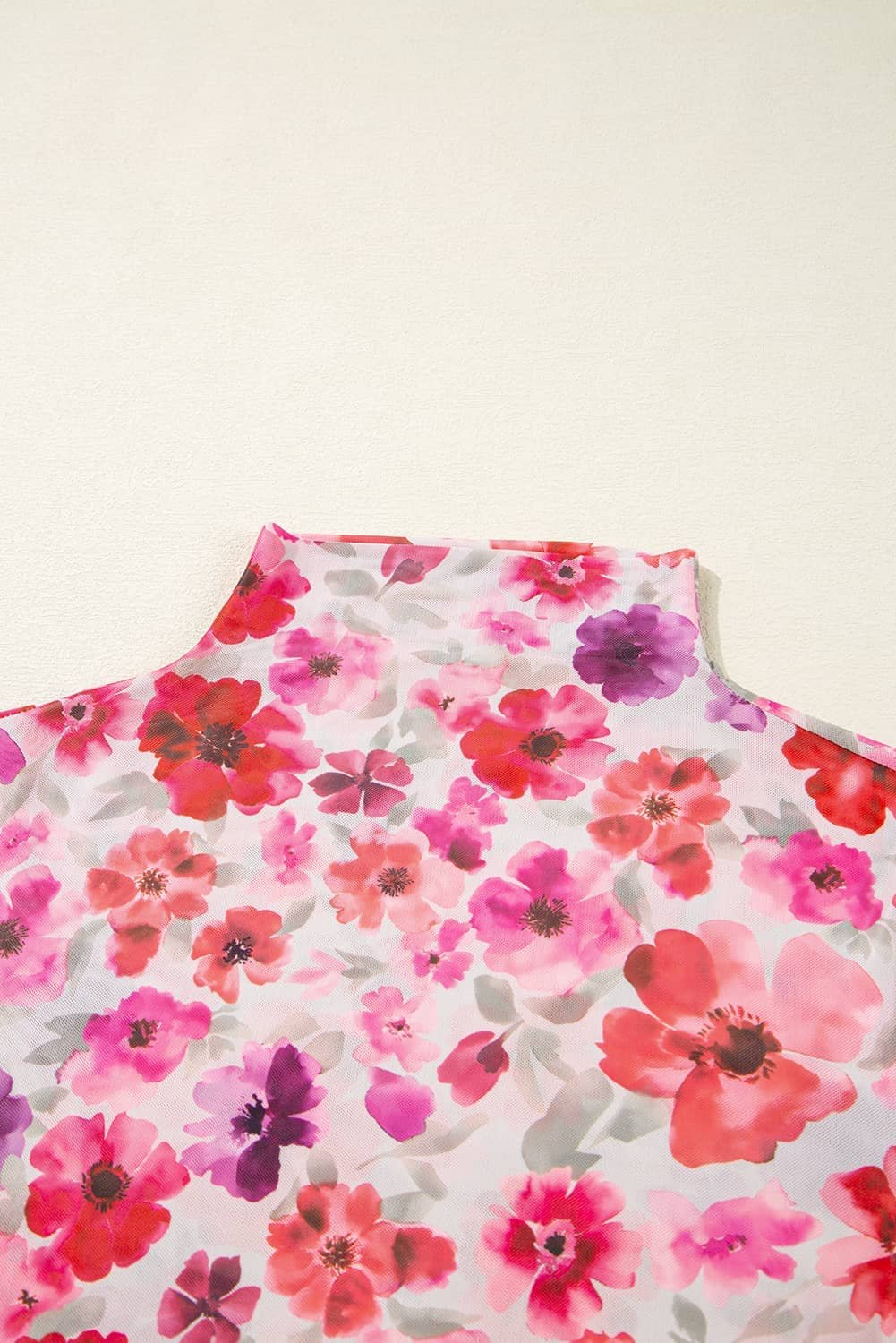 Red Floral Print Long Sleeve Slim Fit Mesh Top