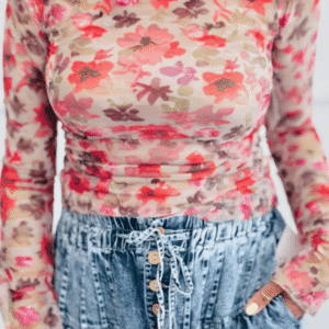 Red Floral Print Long Sleeve Slim Fit Mesh Top