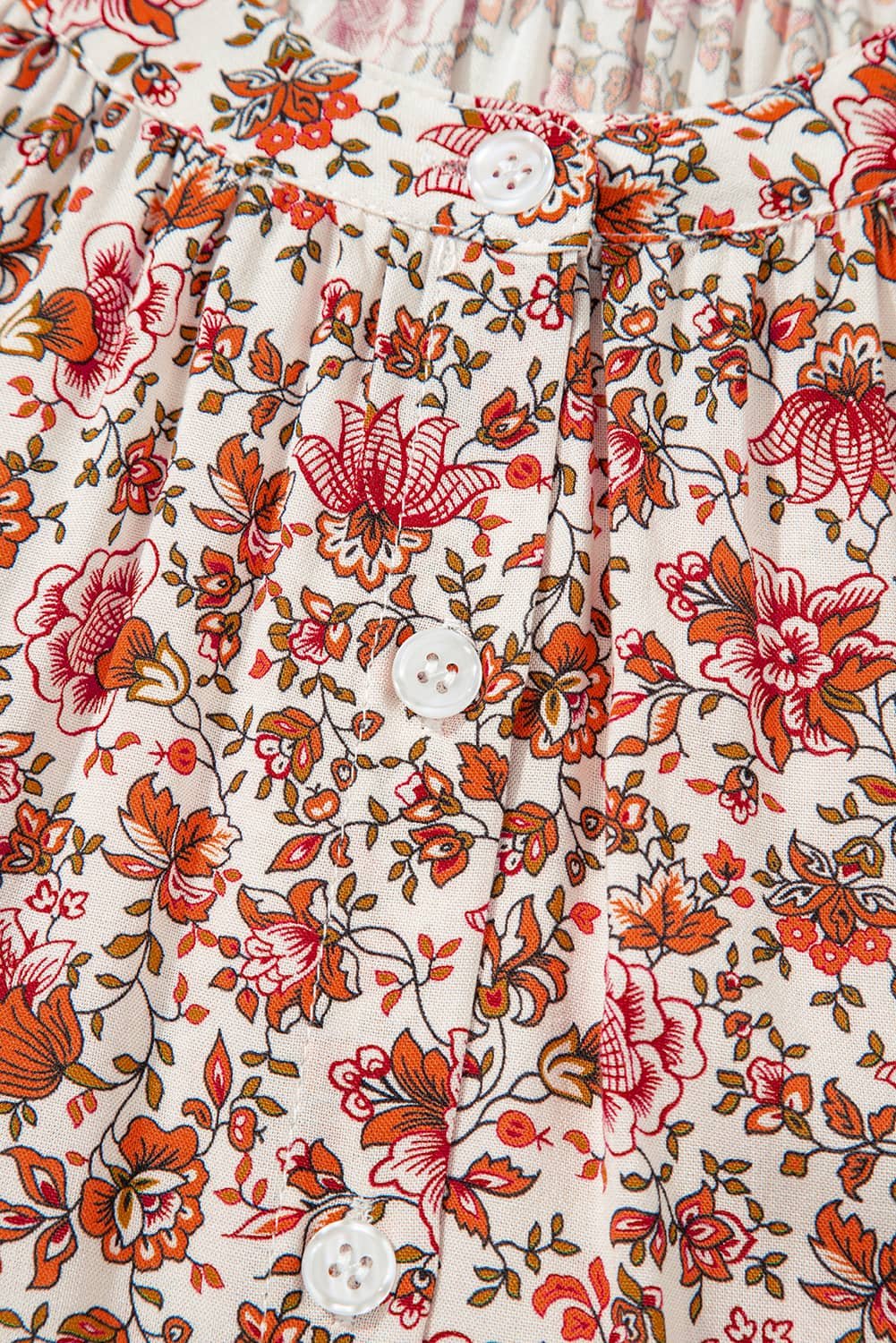 Red Floral Print Pleated Detail Notched Neck Puff Sleeve Blouse