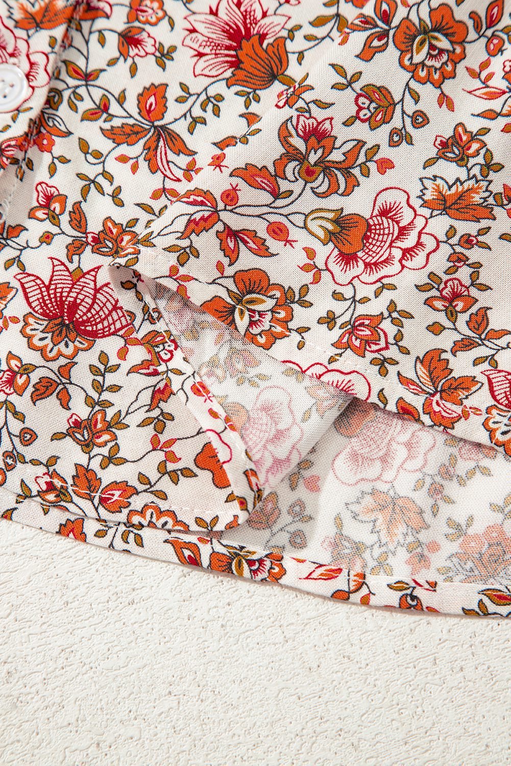 Red Floral Print Pleated Detail Notched Neck Puff Sleeve Blouse