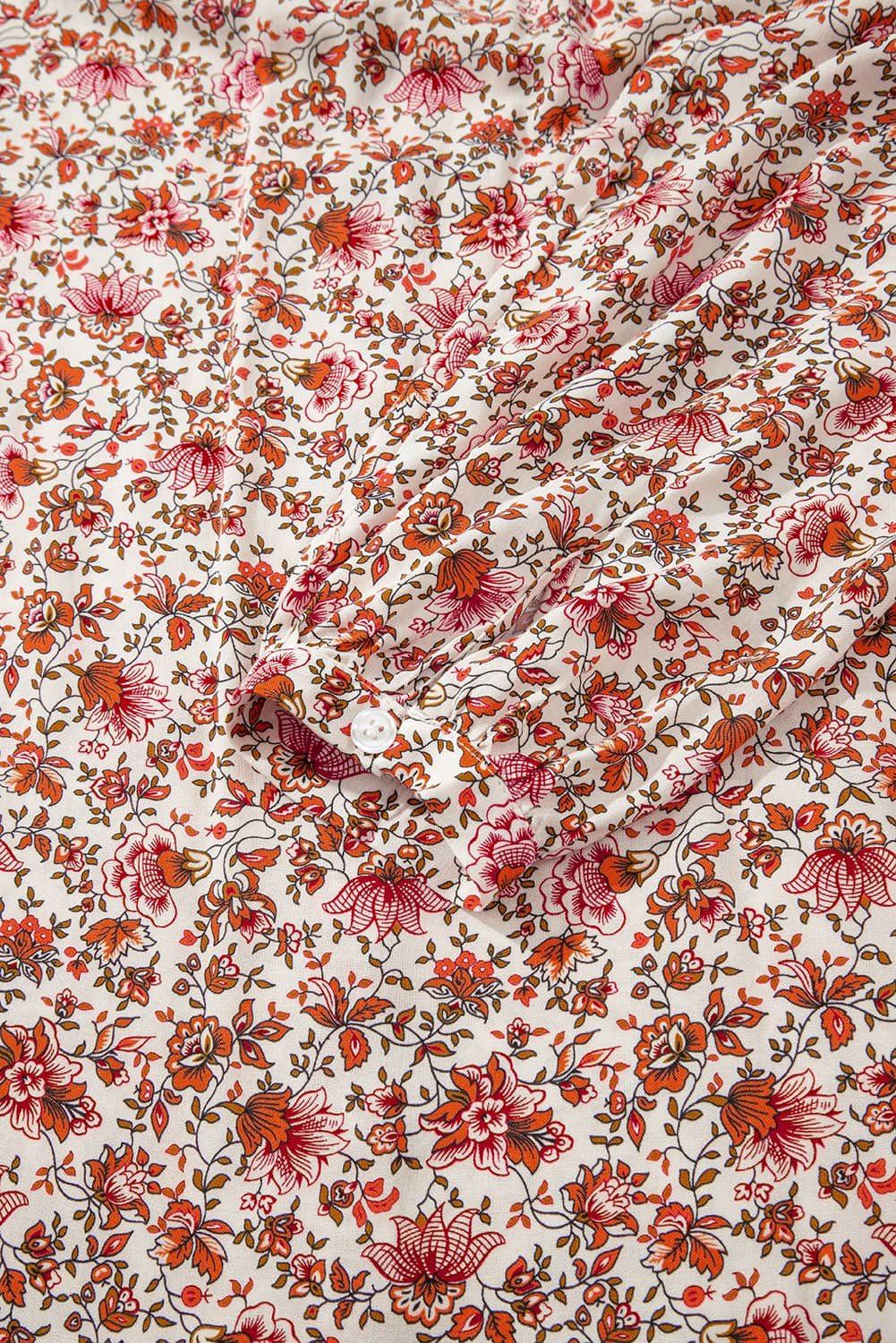 Red Floral Print Pleated Detail Notched Neck Puff Sleeve Blouse