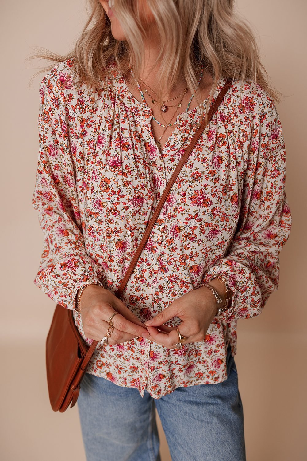Red Floral Print Pleated Detail Notched Neck Puff Sleeve Blouse