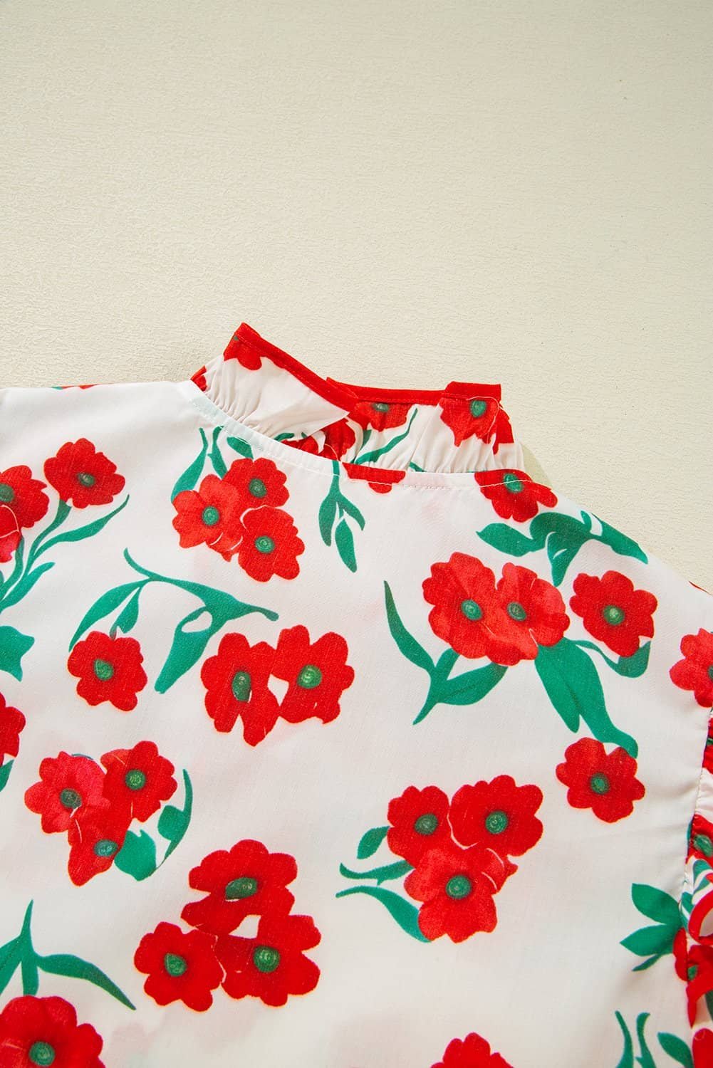 Red Floral Print Ruffled Puff Sleeve Elegant Summer Shirt