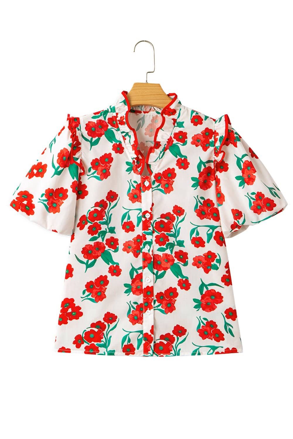 Red Floral Print Ruffled Puff Sleeve Elegant Summer Shirt