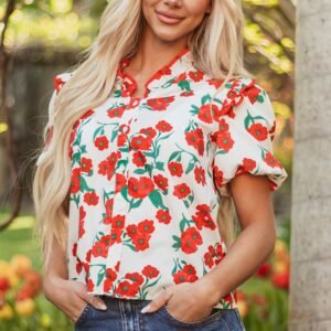 Red Floral Print Ruffled Puff Sleeve Elegant Summer Shirt