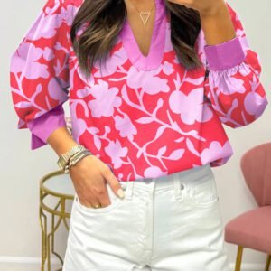 Red Floral Print Split V Neck Cuffed Bracelet Sleeve Blouse
