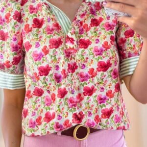 Red Floral Print Striped Patchwork Collared Short Sleeve Blouse