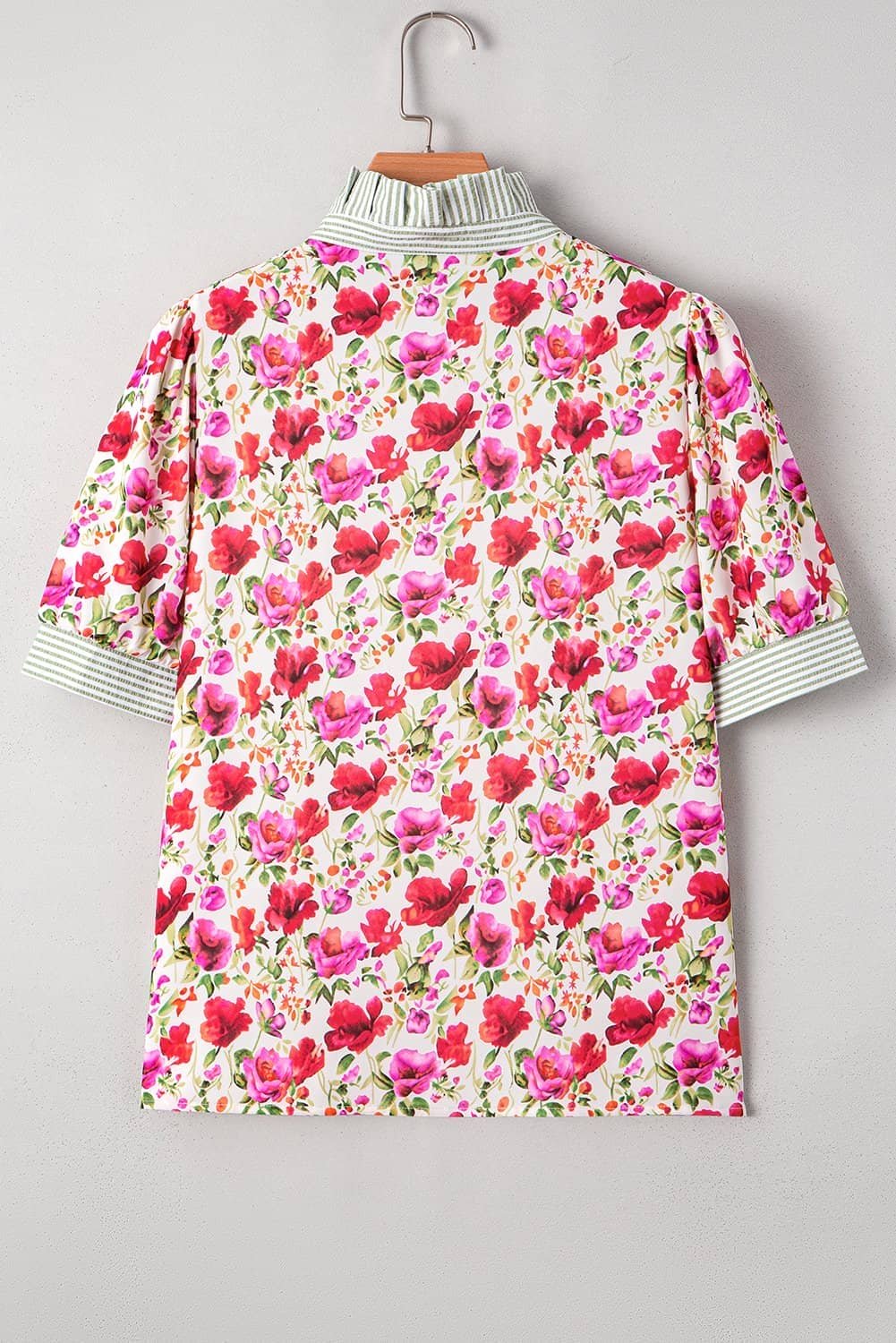 Red Floral Print Striped Patchwork Collared Short Sleeve Blouse