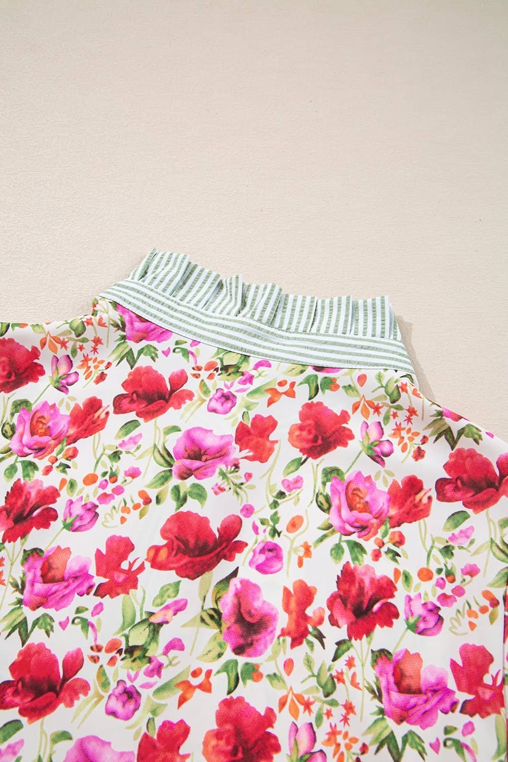 Red Floral Print Striped Patchwork Collared Short Sleeve Blouse
