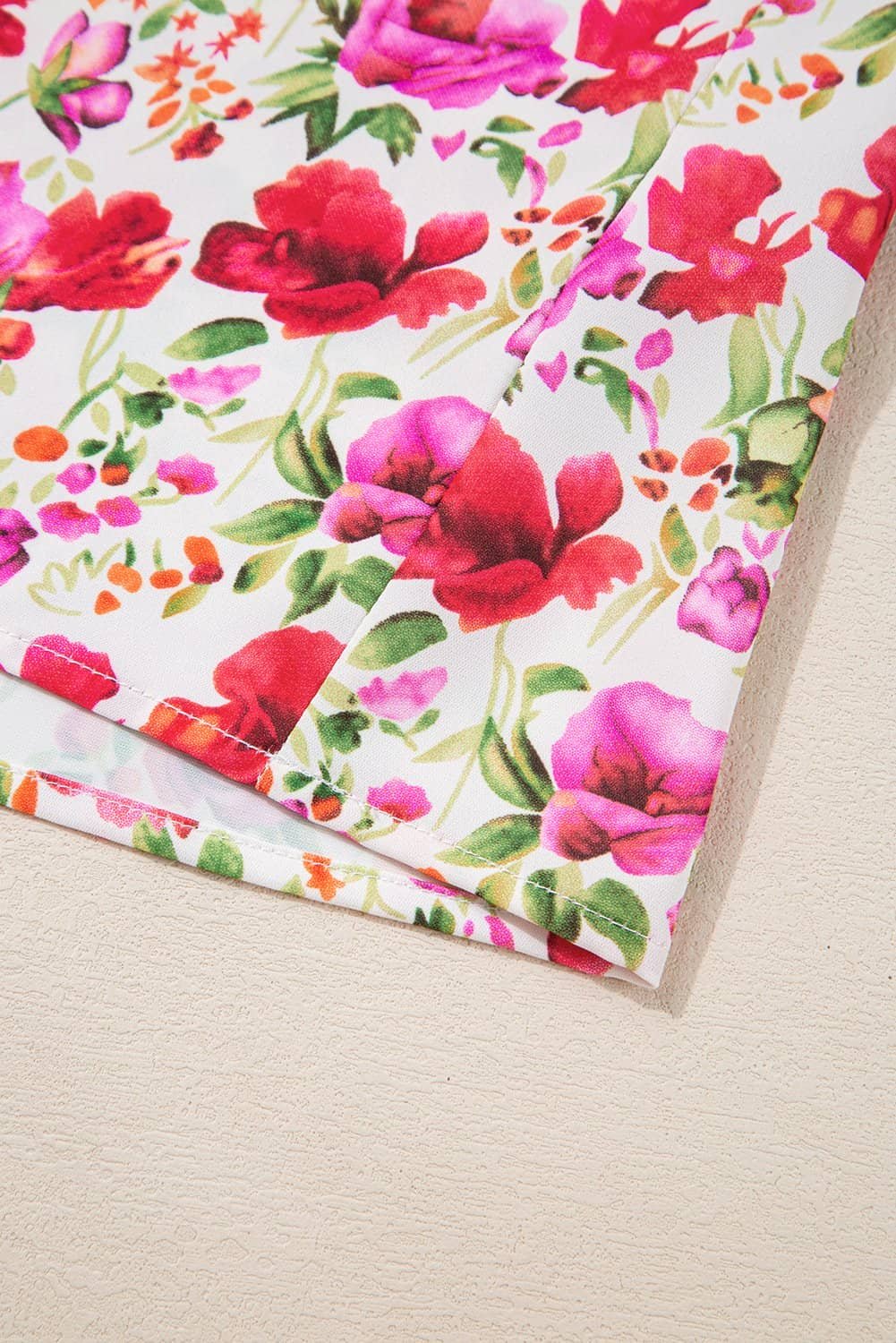 Red Floral Print Striped Patchwork Collared Short Sleeve Blouse