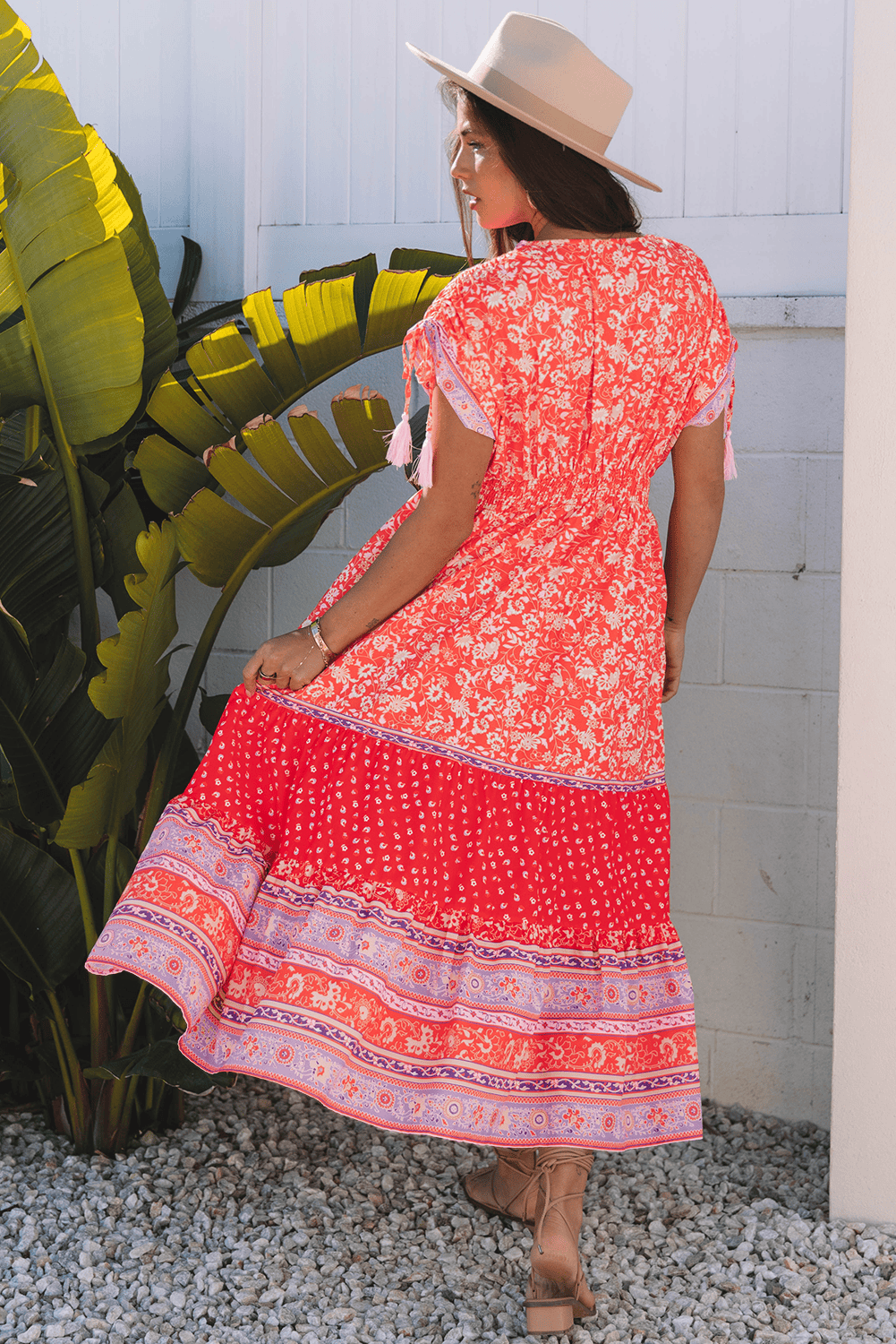 Red Floral Print Tasseled Tied Sleeve Empire Waist Maxi Dress