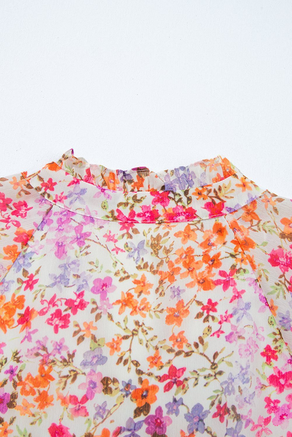 Red Floral Puff Sleeve Notched V Neck Tiered Mini Dress