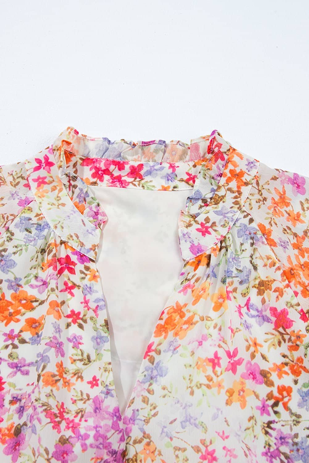 Red Floral Puff Sleeve Notched V Neck Tiered Mini Dress