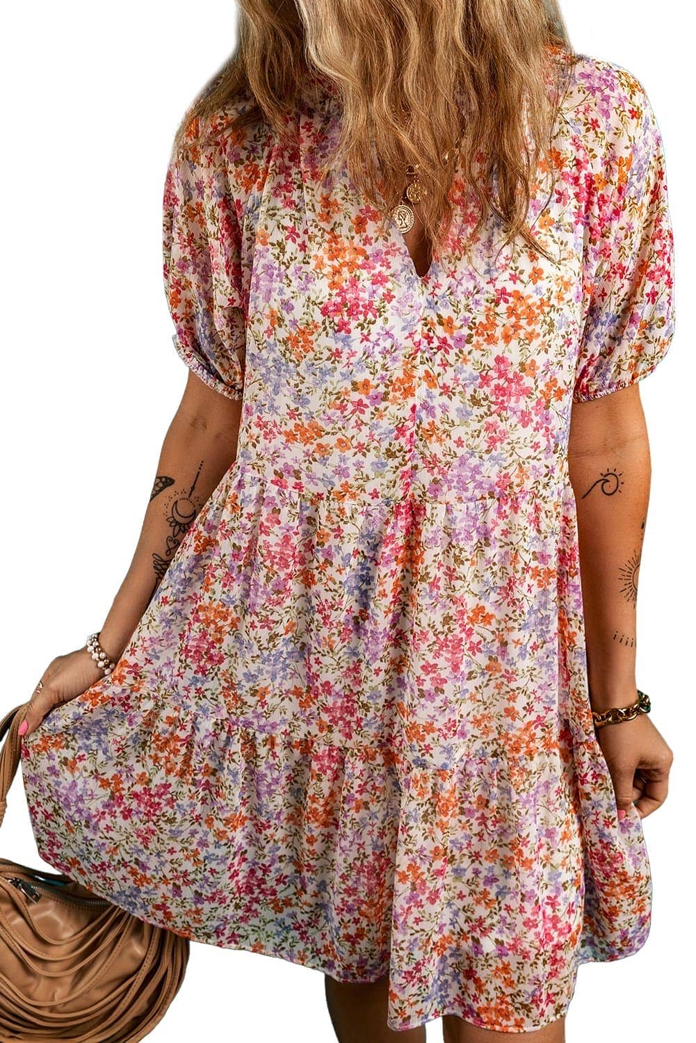 Red Floral Puff Sleeve Notched V Neck Tiered Mini Dress