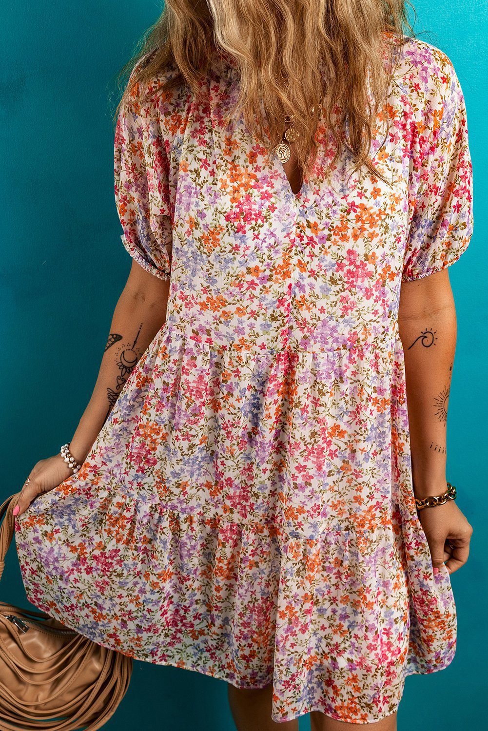 Red Floral Puff Sleeve Notched V Neck Tiered Mini Dress