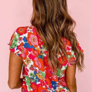 Red Floral Split Neck Top