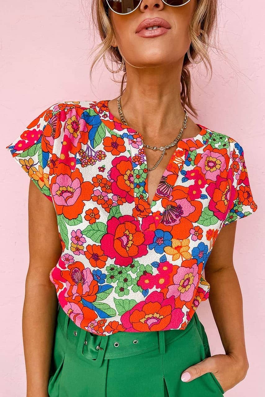 Red Floral Split Neck Top