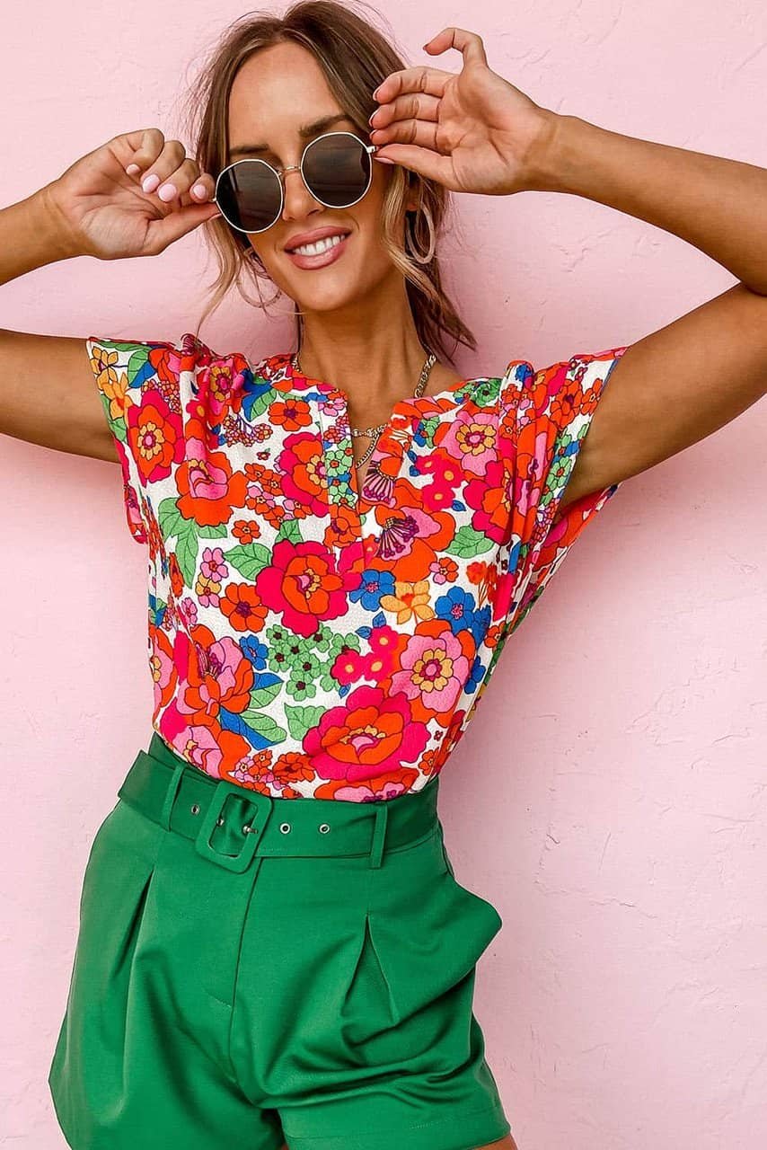 Red Floral Split Neck Top