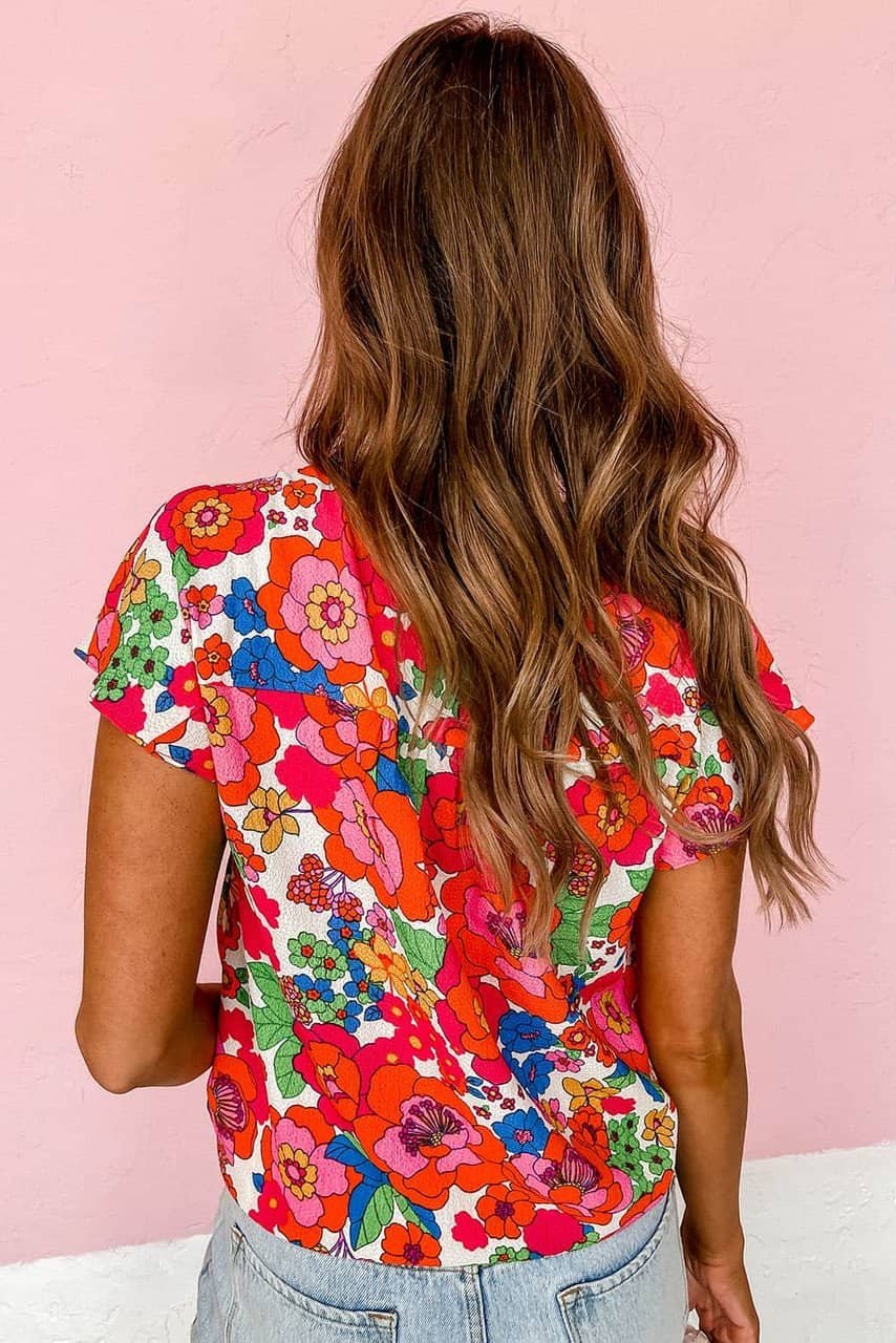 Red Floral Split Neck Top