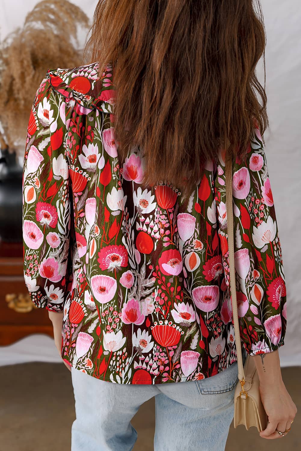 Red Floral Three Quarter Sleeve Lace-Up Neck Blouse