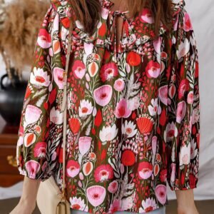 Red Floral Three Quarter Sleeve Lace-Up Neck Blouse