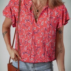 Red Floral Tie Split Neck Short Flounce Sleeve Crinkled Blouse