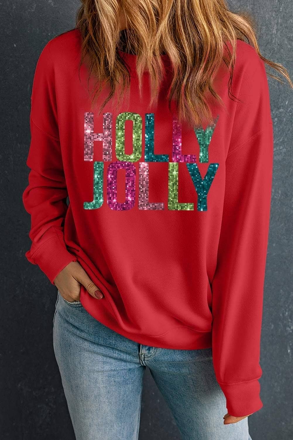 Red Glittering Holly Jolly Graphic Christmas Pullover Sweatshirt