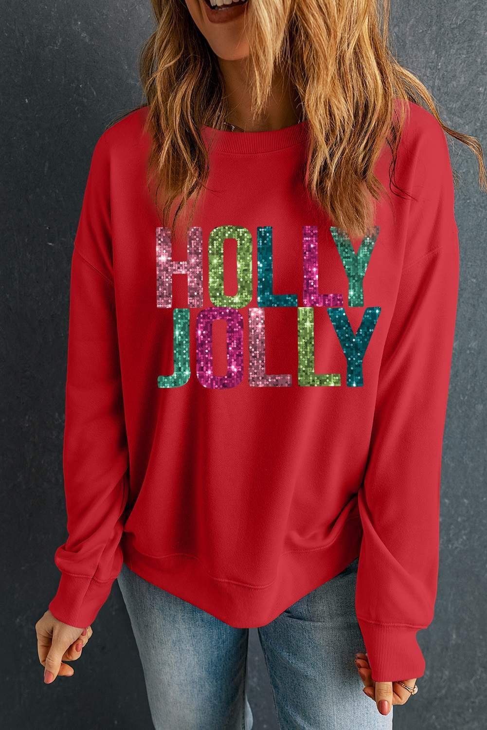 Red Glittering Holly Jolly Graphic Christmas Pullover Sweatshirt