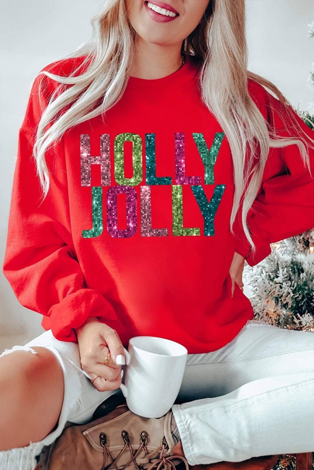 Red Glittering Holly Jolly Graphic Christmas Pullover Sweatshirt