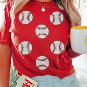 Red Glittering Rugby Pattern Crew Neck Game Day T Shirt