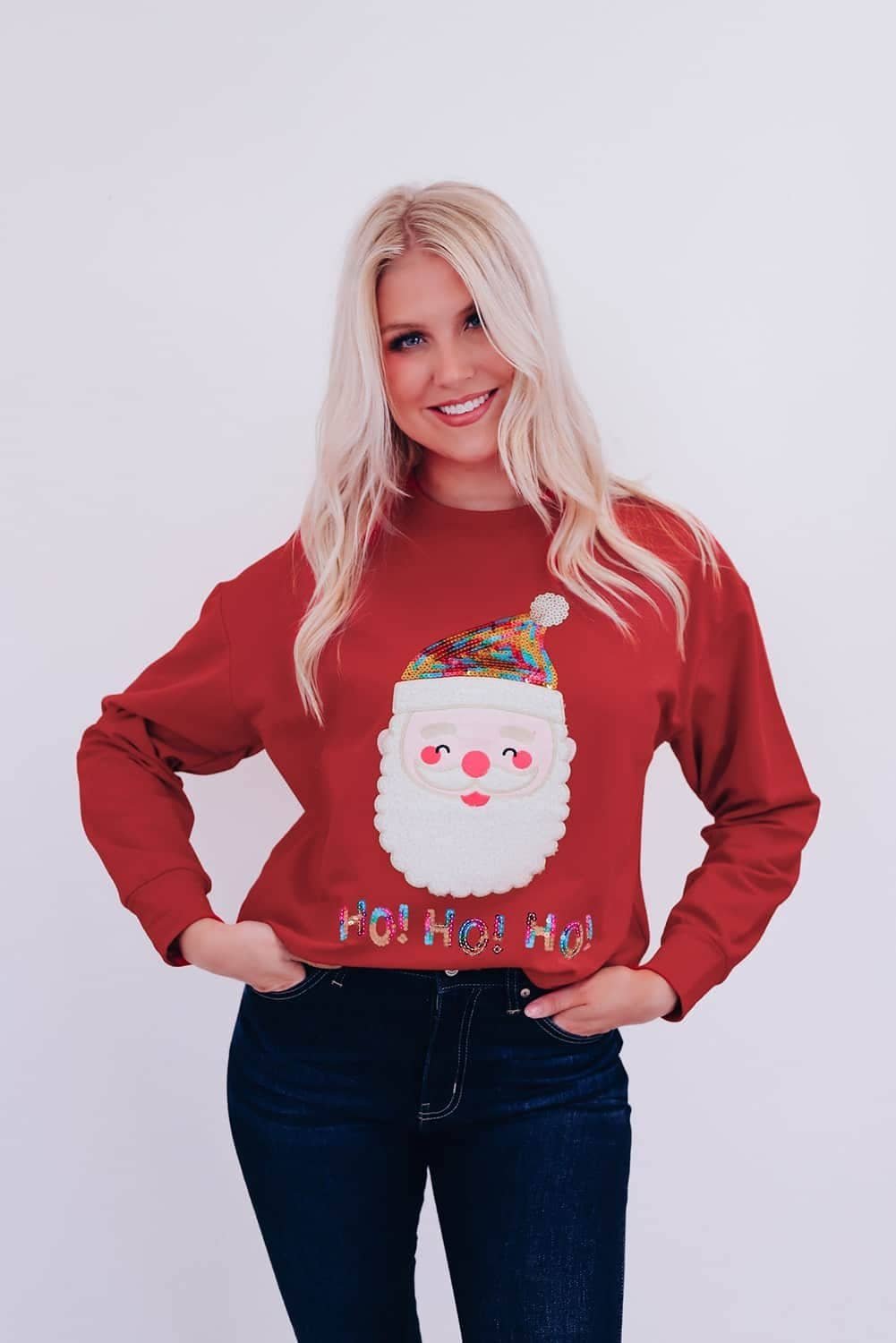 Red Ho Ho Ho Sequined Santa Claus Sweatshirt