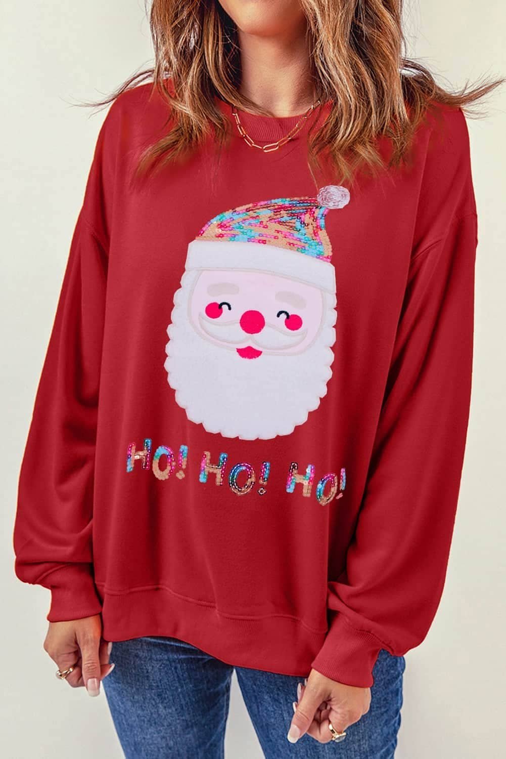 Red Ho Ho Ho Sequined Santa Claus Sweatshirt