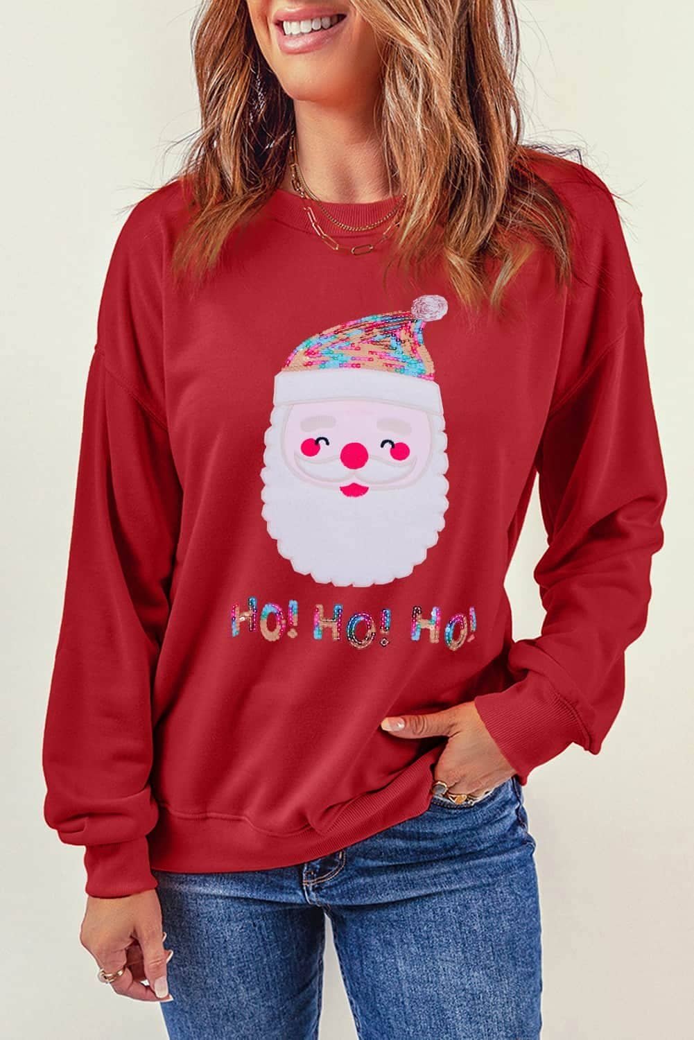 Red Ho Ho Ho Sequined Santa Claus Sweatshirt